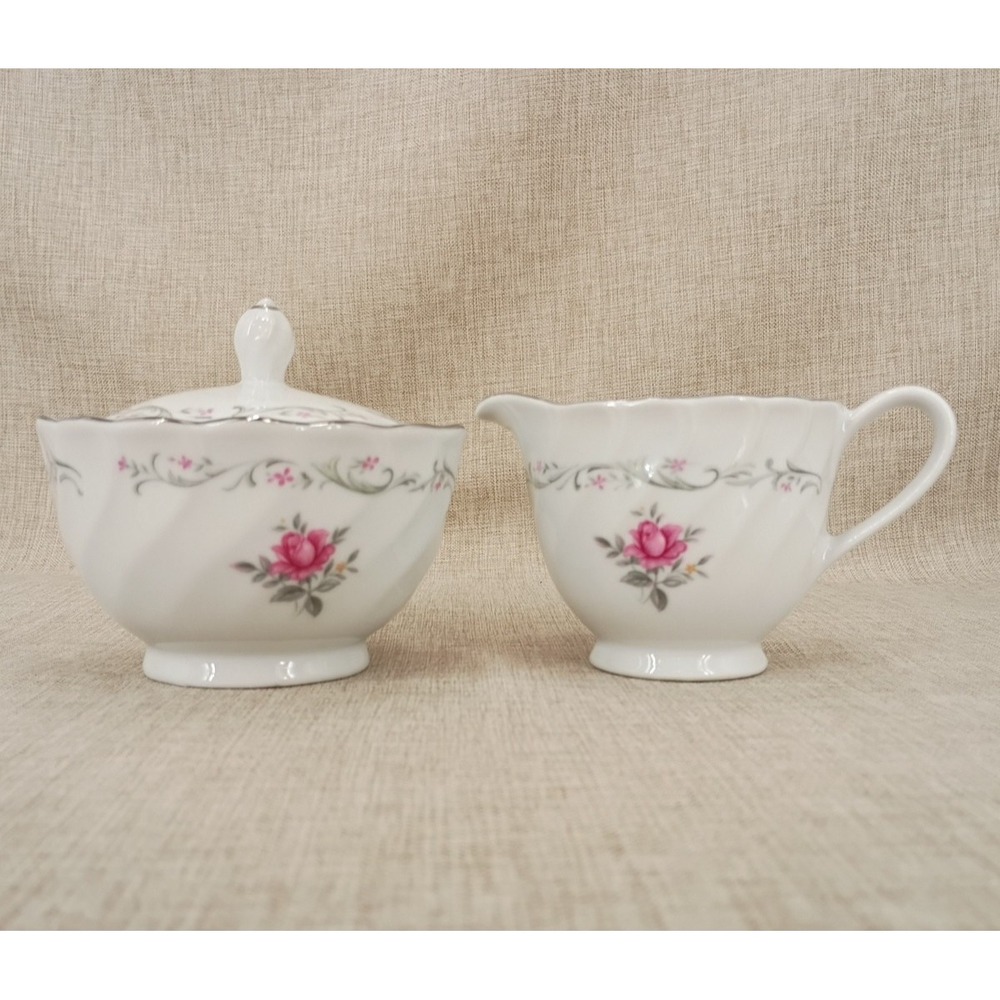 Royal Swirl Fine China of Japan Creamer and Sugar Bowl with Lid Set Pink Rose